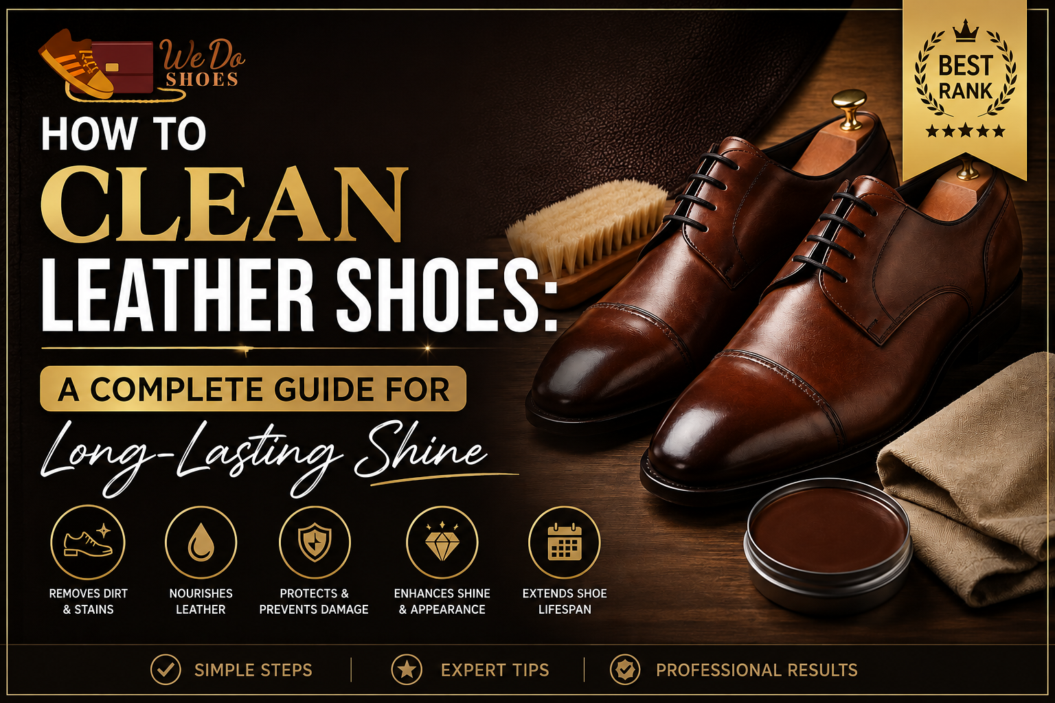 "We Do Shoes leather shoe care banner featuring polished brown leather dress shoes, shoe brush, polish, and cleaning cloth with the headline 'How To Clean Leather Shoes: A Complete Guide for Long-Lasting Shine' and professional shoe maintenance tips